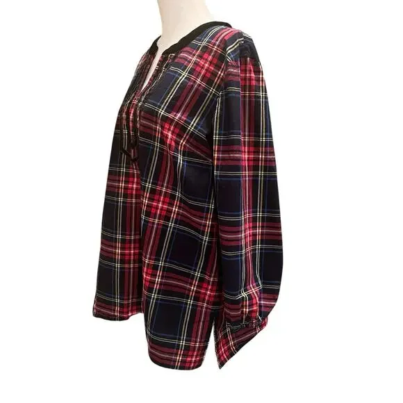 Talbots Velvet Trim Top Red Plaid Long Sleeve Split Neck Womens XL Christmas - Picture 6 of 12